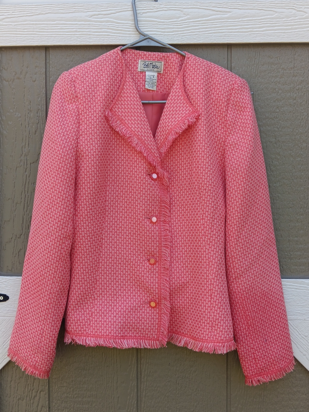 Bob Mackie Coral Pink Tweed Fringe Blazer Jacket Size 6
